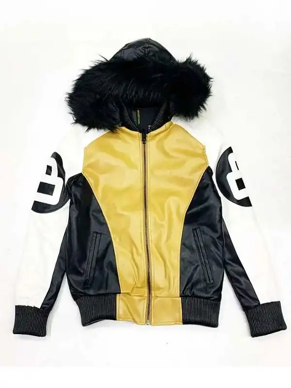 Unisex Khaki and White 8 Ball Hooded Leather Jacket
