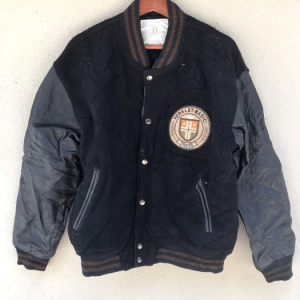 Vtg Basic Trend Big Logo Varsity Jacket Leather Sleeve