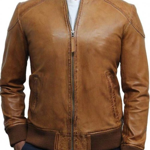 Waxed Tan Brown Leather Bomber Jacket
