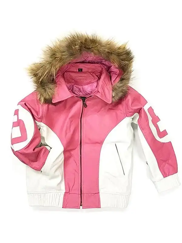Women's 8 Ball Pink Leather Hooded Jacket