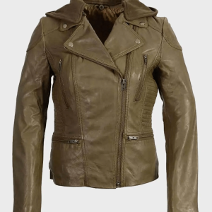 Women’s Classic Olive Motorcycle Hooded Leather Jacket