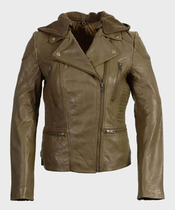 Women’s Classic Olive Motorcycle Hooded Leather Jacket