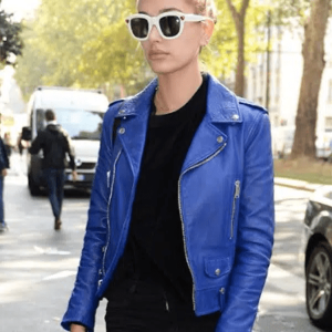 Women's Hailey Baldwin Blue Motorcycle Leather Jacket