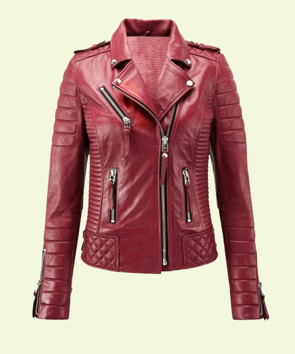 Women's Padded Red Motorcycle Leather Jacket