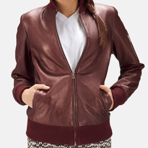 Women's Reida Maroon Bomber Leather Jacket