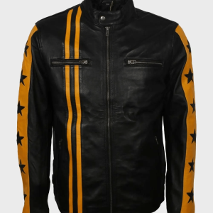 Yellow Star Stripes Cafe Racer Leather Jacket