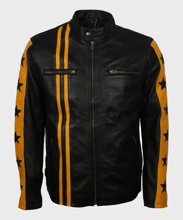 Yellow Star Stripes Cafe Racer Leather Jacket