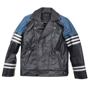 Men’s Classic Black and Blue Striped Leather Biker Jacket