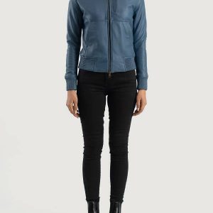 Luna Blue Hooded Leather Bomber Jacket