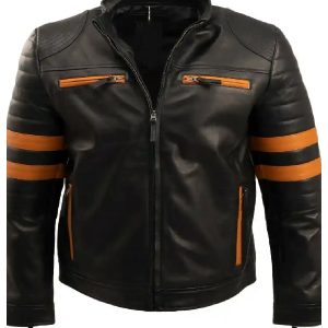 Men Cafe Racer Striped Leather Jacket