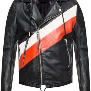 Men Striped Biker Style Leather Jacket