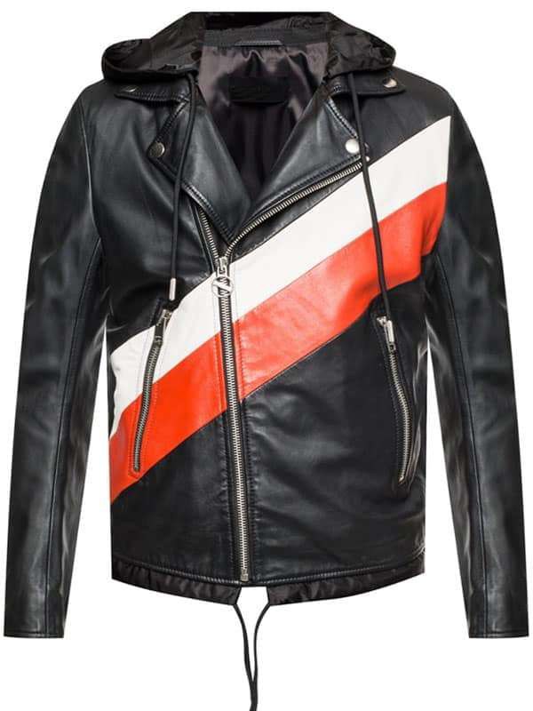 Men Striped Biker Style Leather Jacket