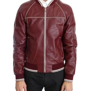 Men’s Stitched Bomber Maroon Leather Jacket